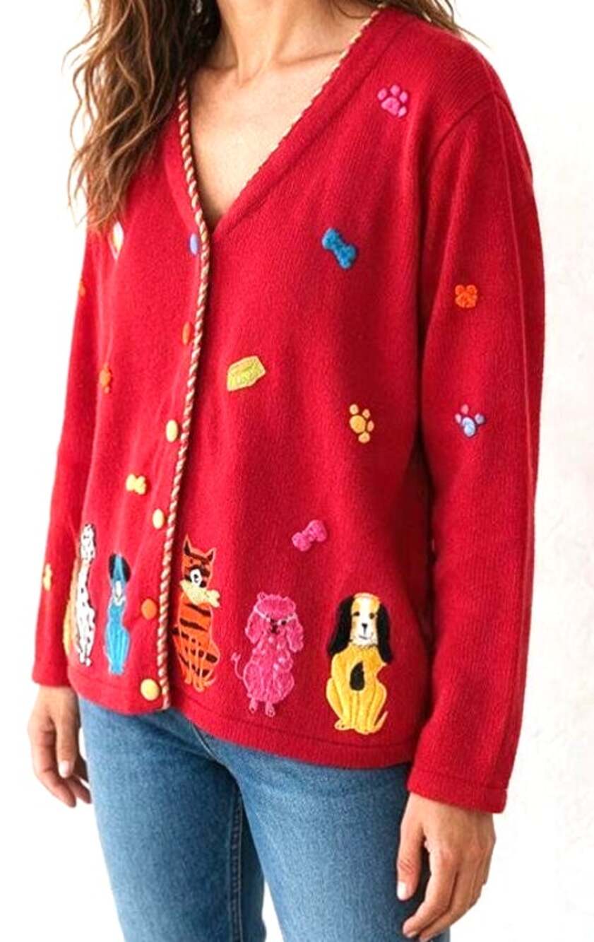 Vintage Quacker Factory Novelty Cardigan Embroidered Dogs Cats Paw Prints Sz 1X